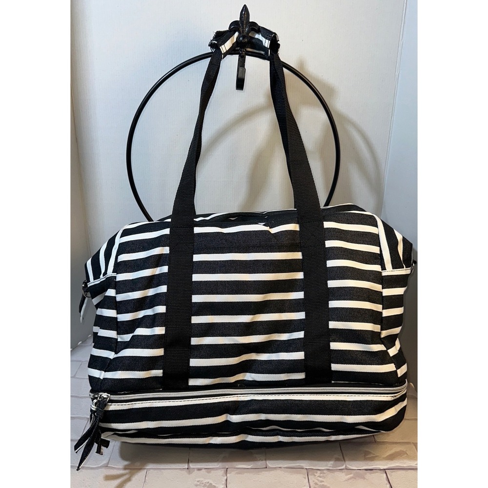 Black White Striped Weekender Duffel Bag‎ with Bottom Shoe Compartment Travel